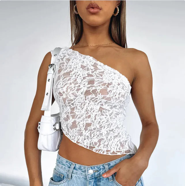 Ethereal Lace One-Shoulder Crop